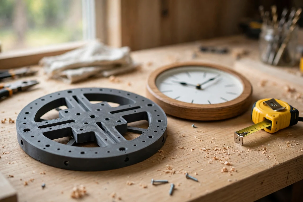 Home workshop scene on a light oak workbench, a matte charcoal-gray 3D printed wall clock mounting template beside a wall clock and a tape measure, soft natural window light, shallow depth of field