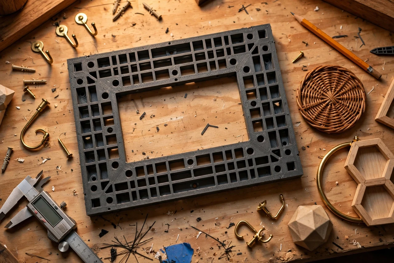 Close-up top-down view of a matte charcoal-gray 3D printed wall decor leveling frame being test-fitted against wall decor pieces and hanging hooks on a workbench, calipers and a pencil nearby, warm workshop lighting