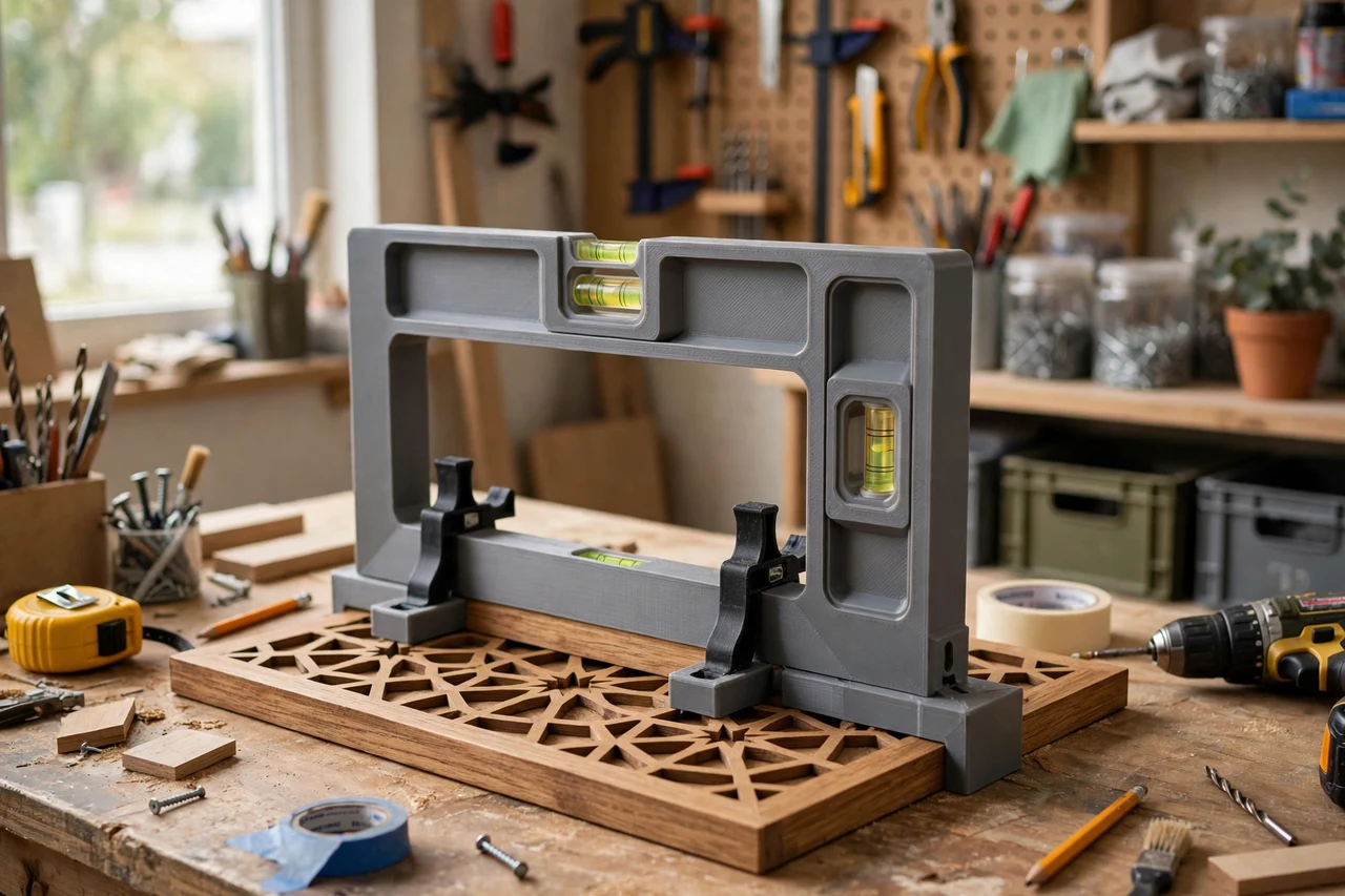 View of the finished 3D printed wall decor leveling frame in use on a home improvement project on a workbench, tidy workshop background in soft focus, bright natural light