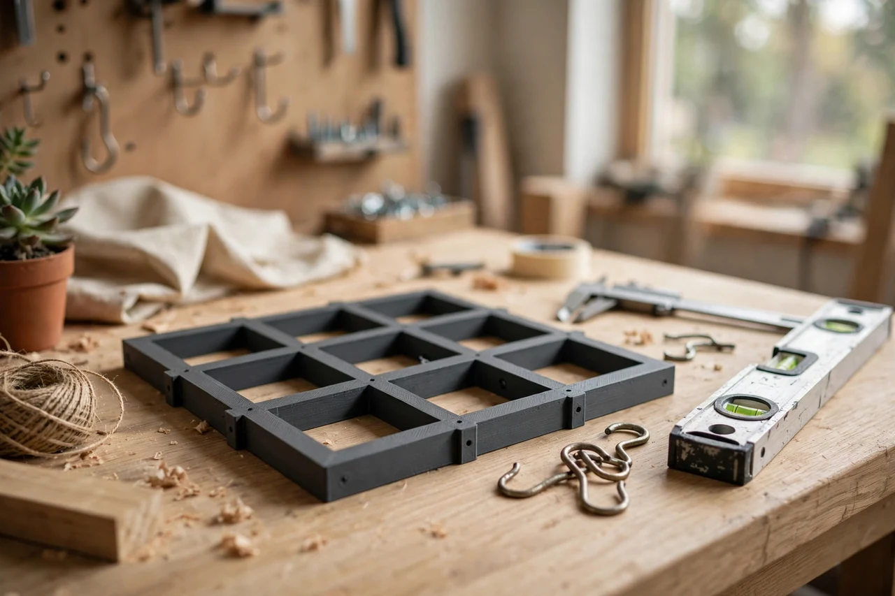 Home workshop scene on a light oak workbench, a matte charcoal-gray 3D printed wall decor leveling frame beside hanging hooks and a level, soft natural window light, shallow depth of field