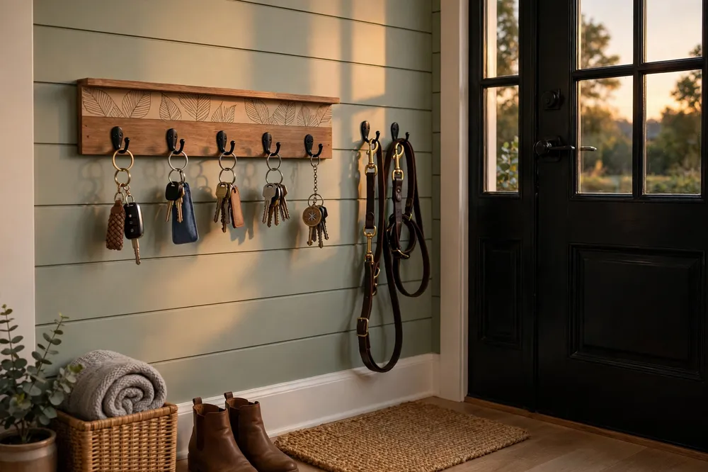 A tidy home entryway with a printed key hook rail holding several sets of keys and a dog leash on matching hooks beside a front door, warm evening