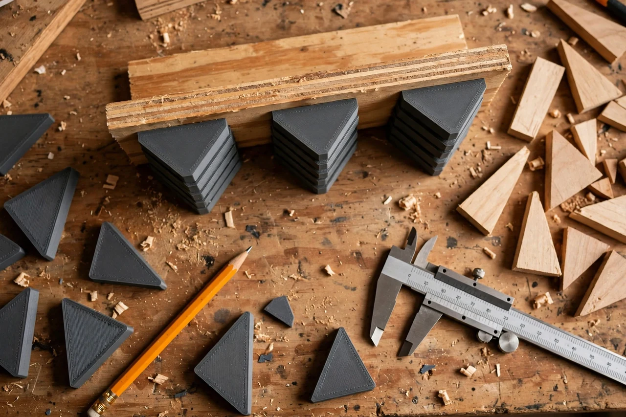 Close-up top-down view of a matte charcoal-gray 3D printed wall shelf leveling wedges being test-fitted against wall shelves and wedge shims on a workbench, calipers and a pencil nearby, warm workshop lighting