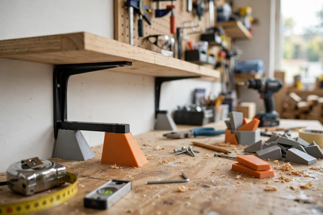View of the finished 3D printed wall shelf leveling wedges in use on a home improvement project on a workbench, tidy workshop background in soft focus, bright natural light