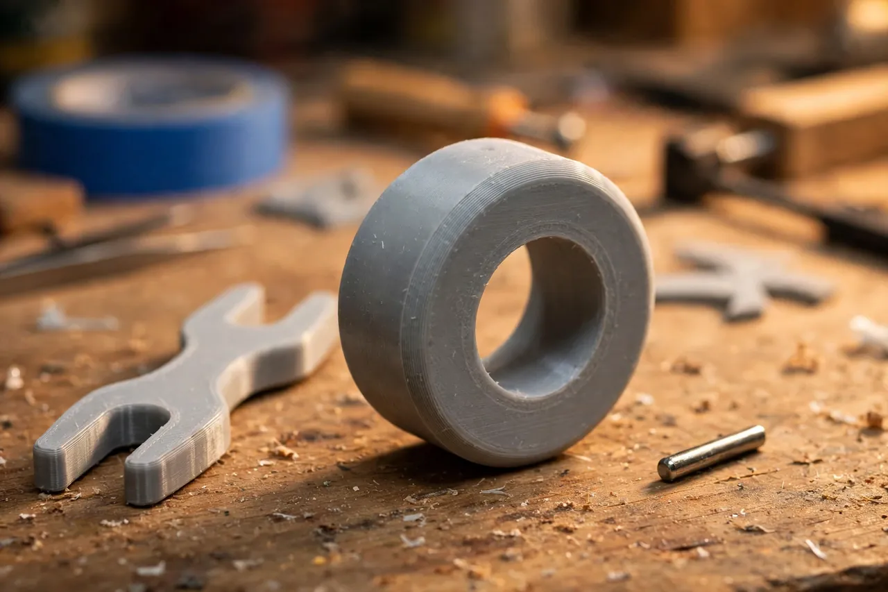Close-up of a 3D printed seam roller wheel showing its gently rounded profile and smooth layered surface
