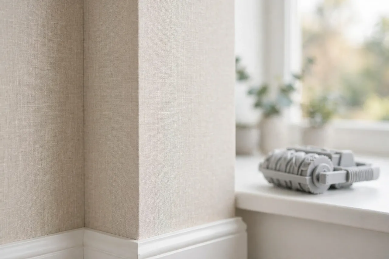 A finished wallpapered wall corner in a bright clean room with a neat invisible seam