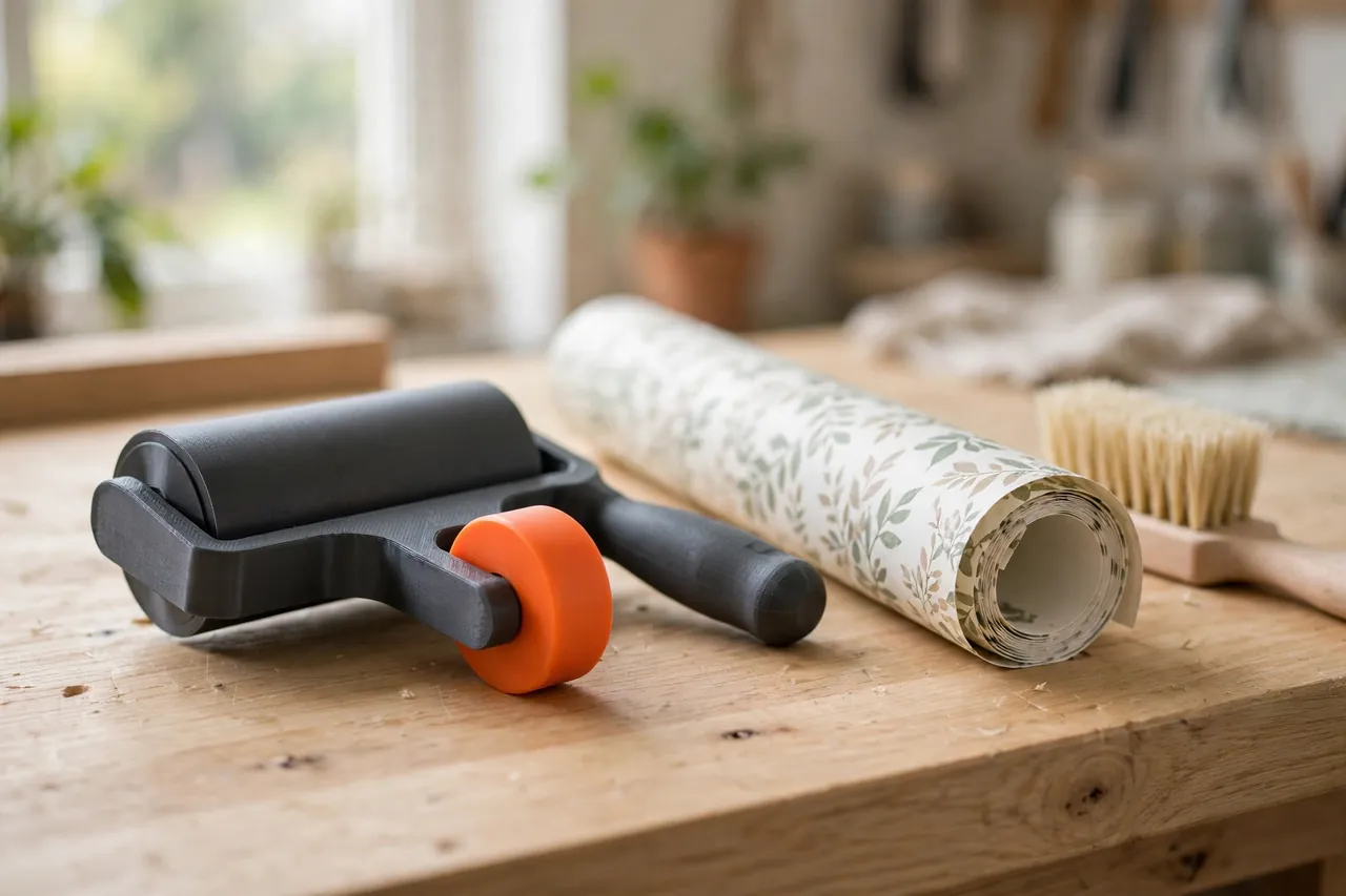 A bright home workshop scene on a light oak workbench