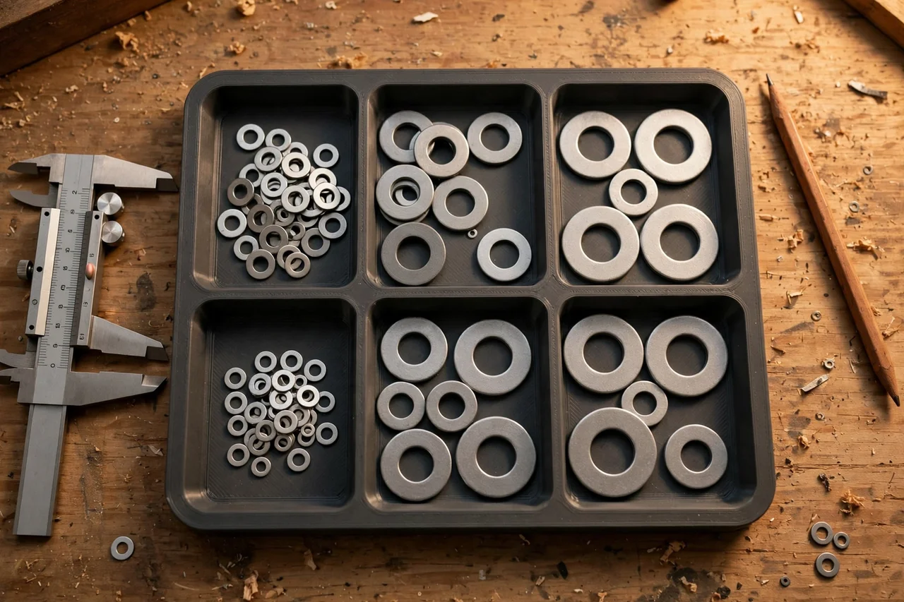 Close-up top-down view of a matte charcoal-gray 3D printed washer assortment organizer tray being test-fitted with washers by size on a workbench, calipers and a pencil nearby, warm workshop lighting