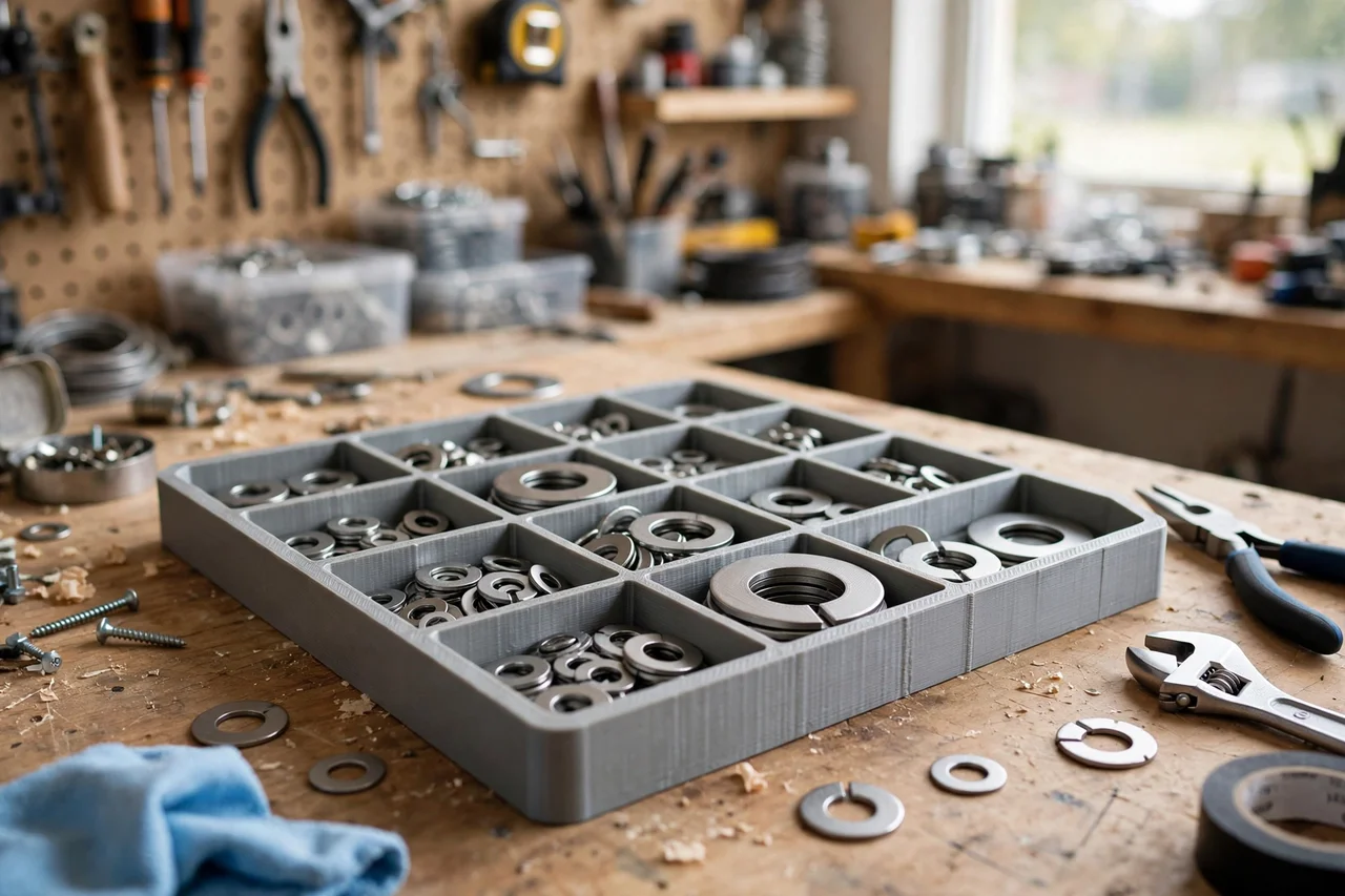 View of the finished 3D printed washer assortment organizer tray in use during a home repair tidy-up on a workbench, tidy workshop background in soft focus, bright natural light