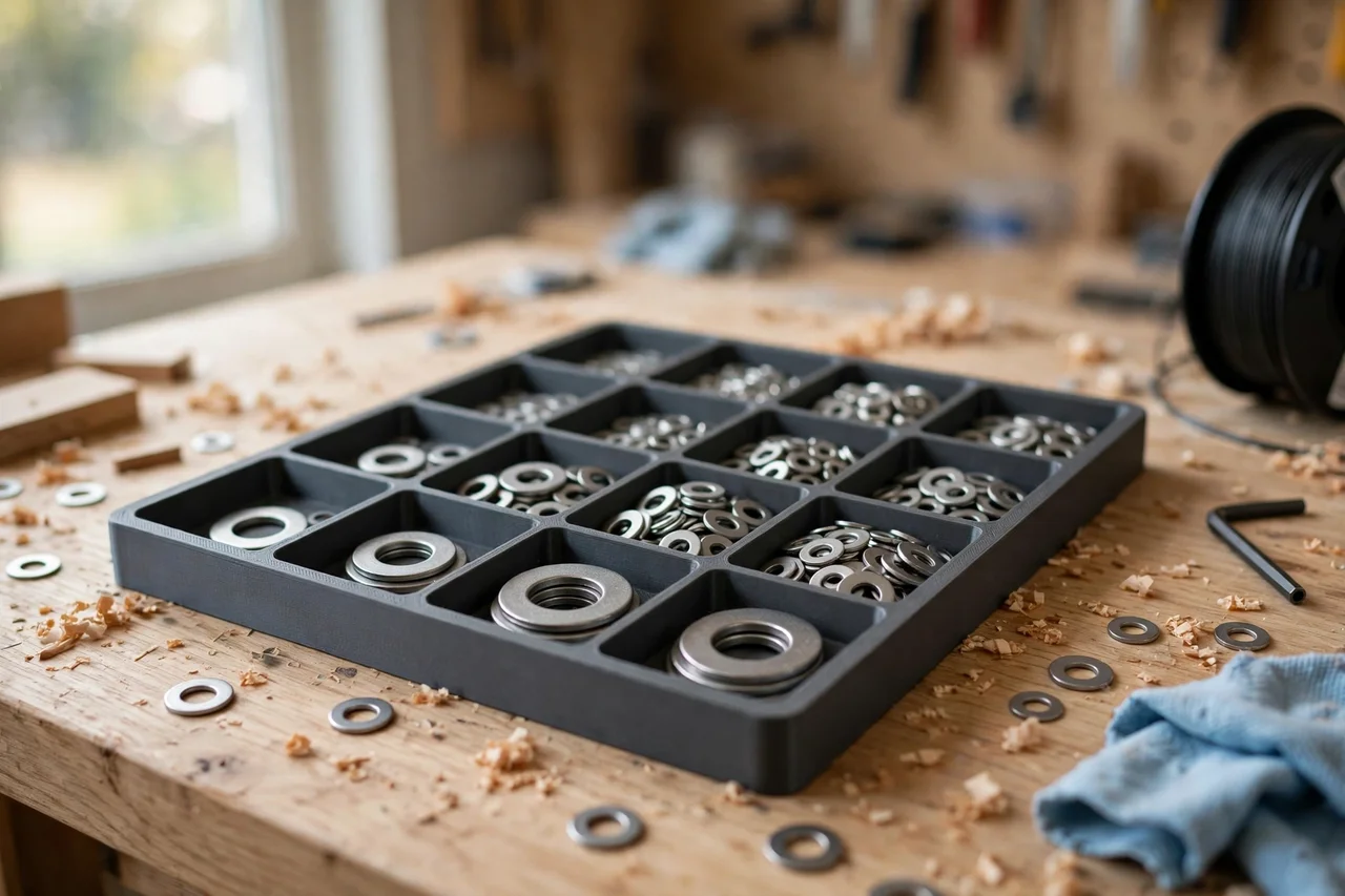 Home workshop scene on a light oak workbench, a matte charcoal-gray 3D printed washer assortment organizer tray holding washers by size, soft natural window light, shallow depth of field