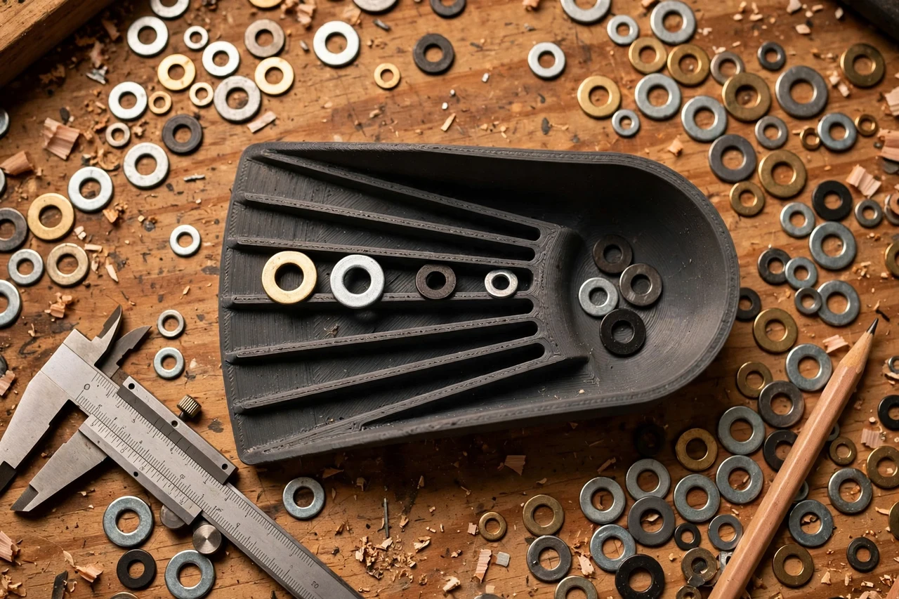 Close-up top-down view of a matte charcoal-gray 3D printed washer sorting scoop tool being test-fitted against mixed washers spread on a workbench, calipers and a pencil nearby, warm workshop lighting