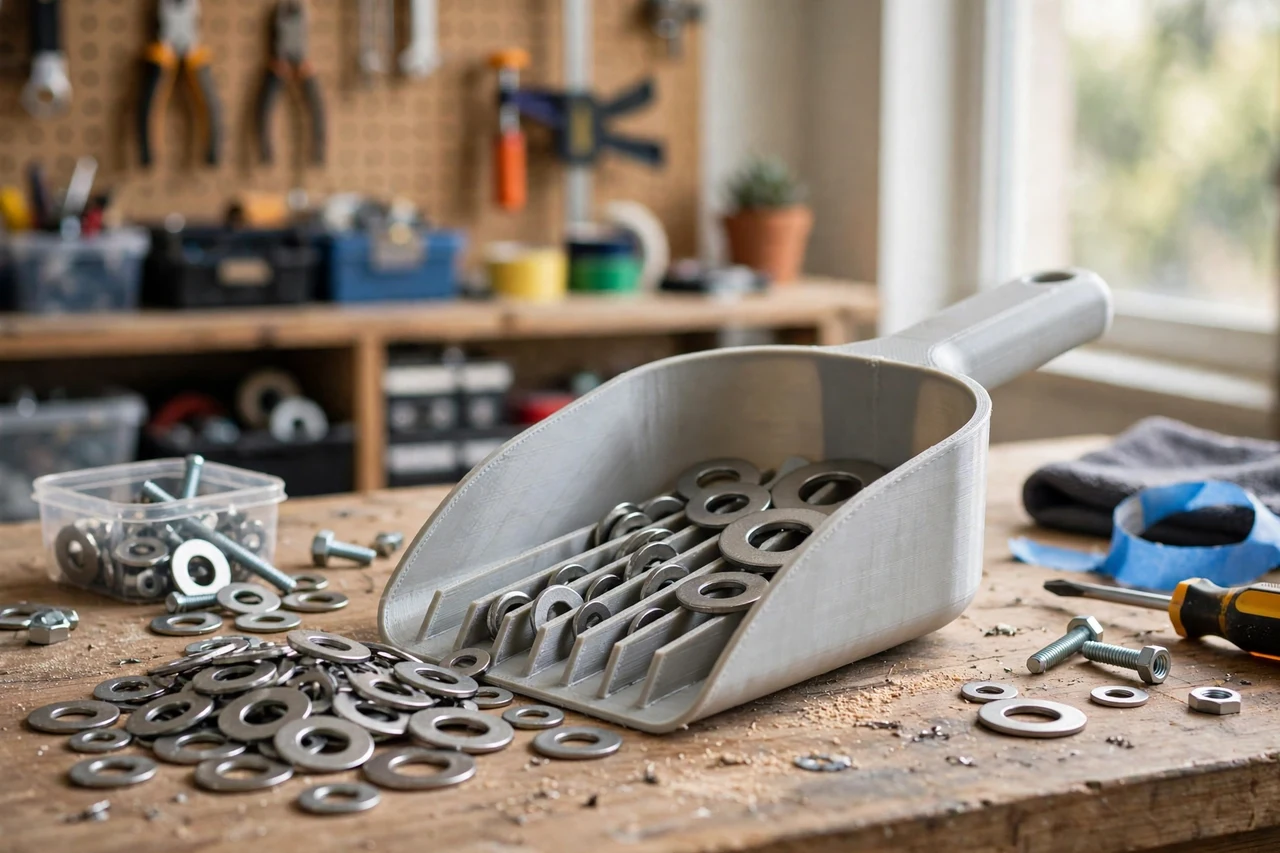 View of the finished 3D printed washer sorting scoop tool in use on a home repair project on a workbench, tidy workshop background in soft focus, bright natural light