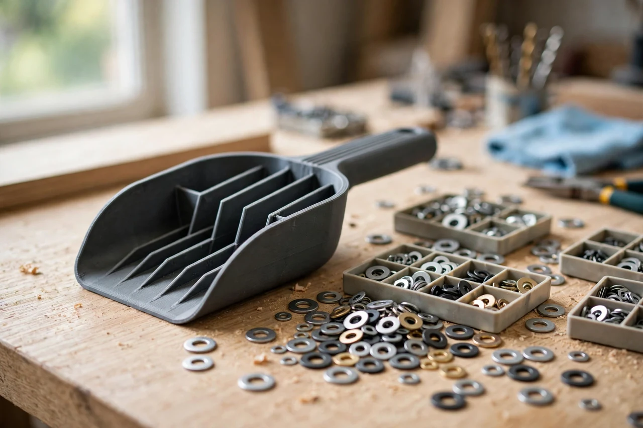 Home workshop scene on a light oak workbench, a matte charcoal-gray 3D printed washer sorting scoop tool beside mixed washers and small sorting trays, soft natural window light, shallow depth of field