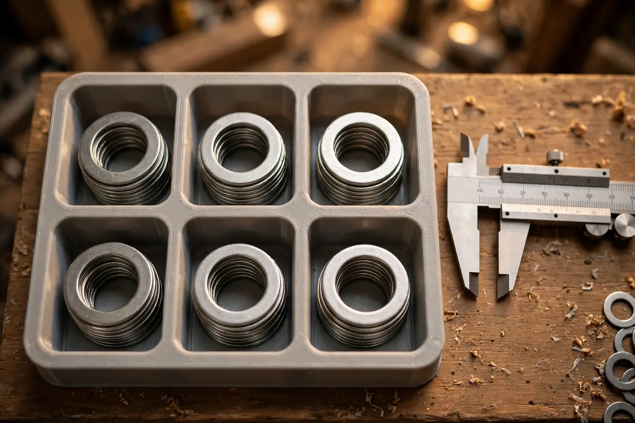 Close-up top-down view of a 3D printed washer tray with washers stacked in neat rings inside labeled compartments