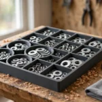 A bright home workshop workbench with a matte charcoal-gray 3D printed sorting tray divided into round and square compartments