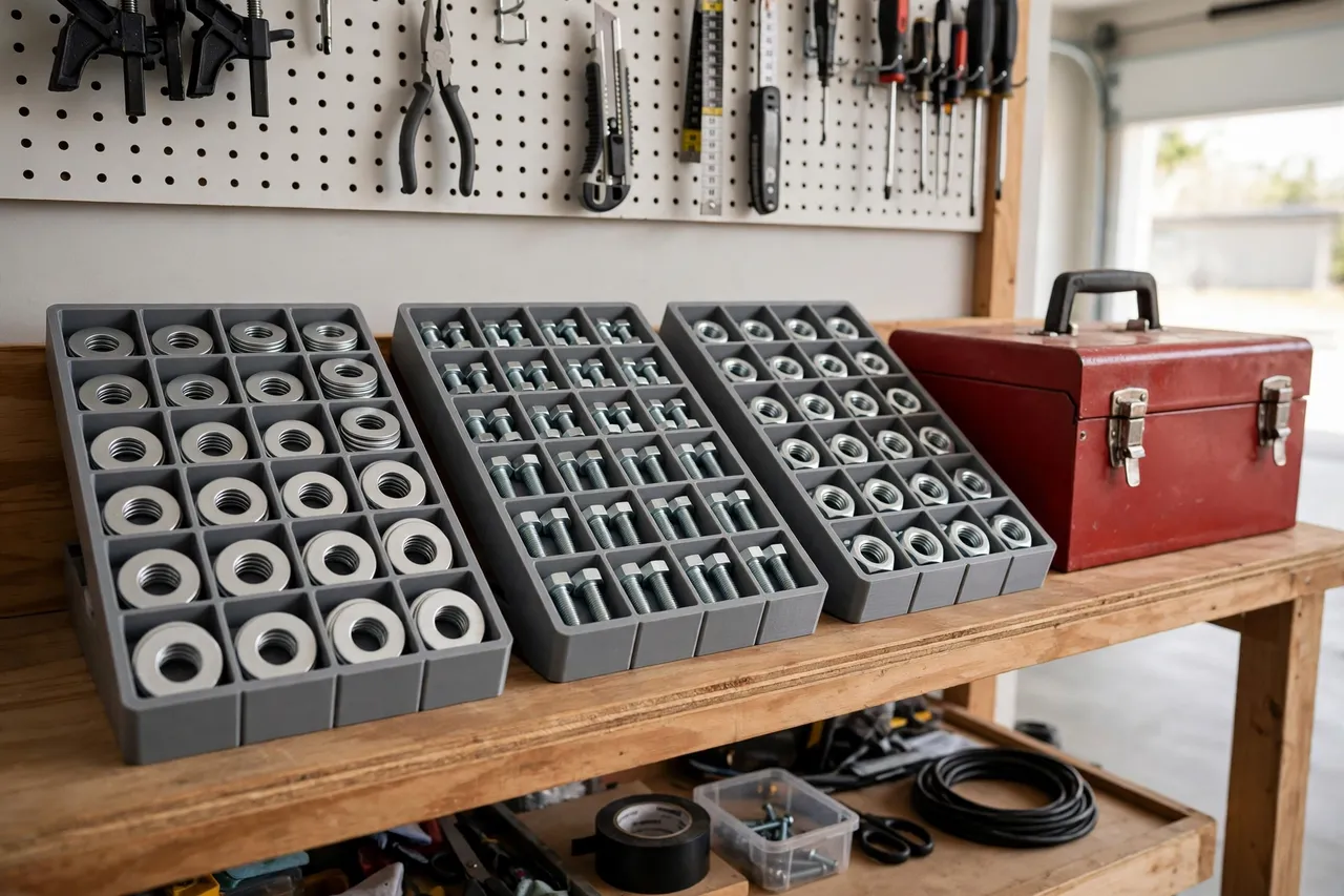 A tidy workshop shelf where several matching 3D printed trays hold washers, bolts, and nuts in labeled rows beside a toolbox
