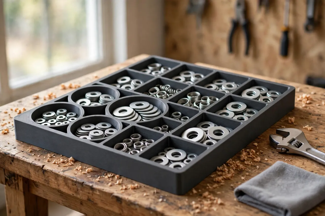 A bright home workshop workbench with a matte charcoal-gray 3D printed sorting tray divided into round and square compartments