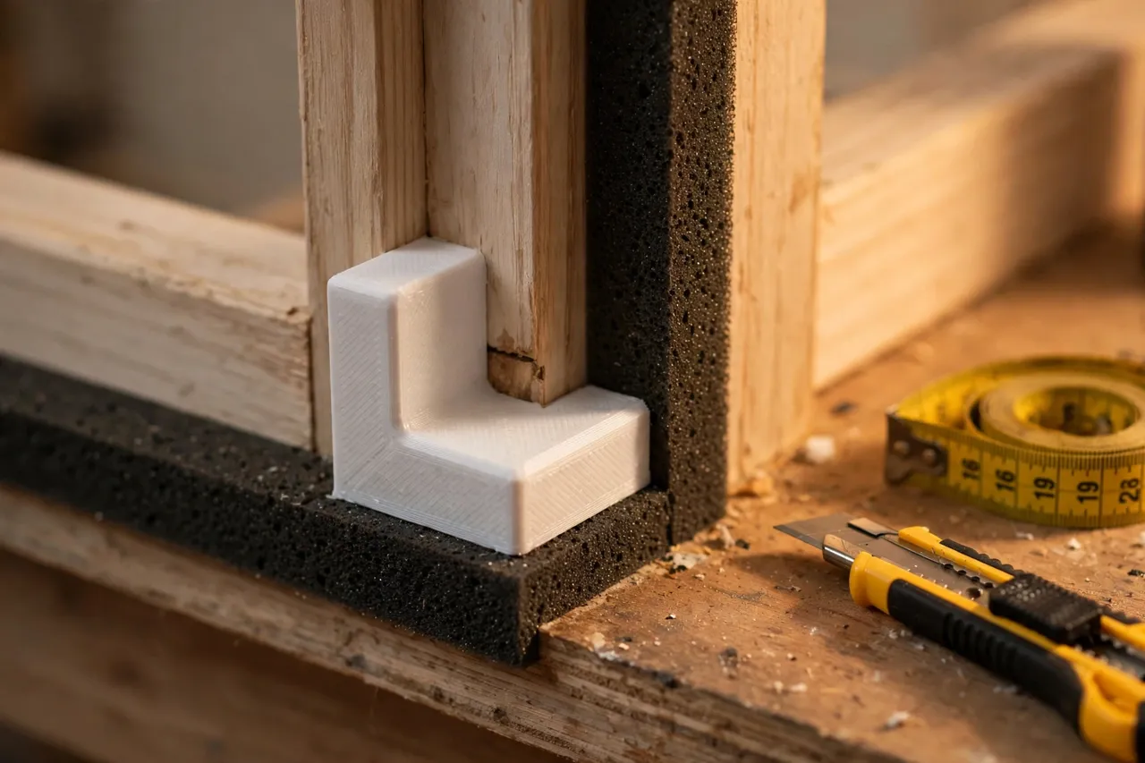 Close-up view of a 3D printed weatherstrip corner pad in matte white plastic being pressed into the corner of a door frame