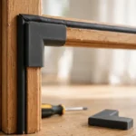 A bright home interior scene at the corner of a wooden door frame