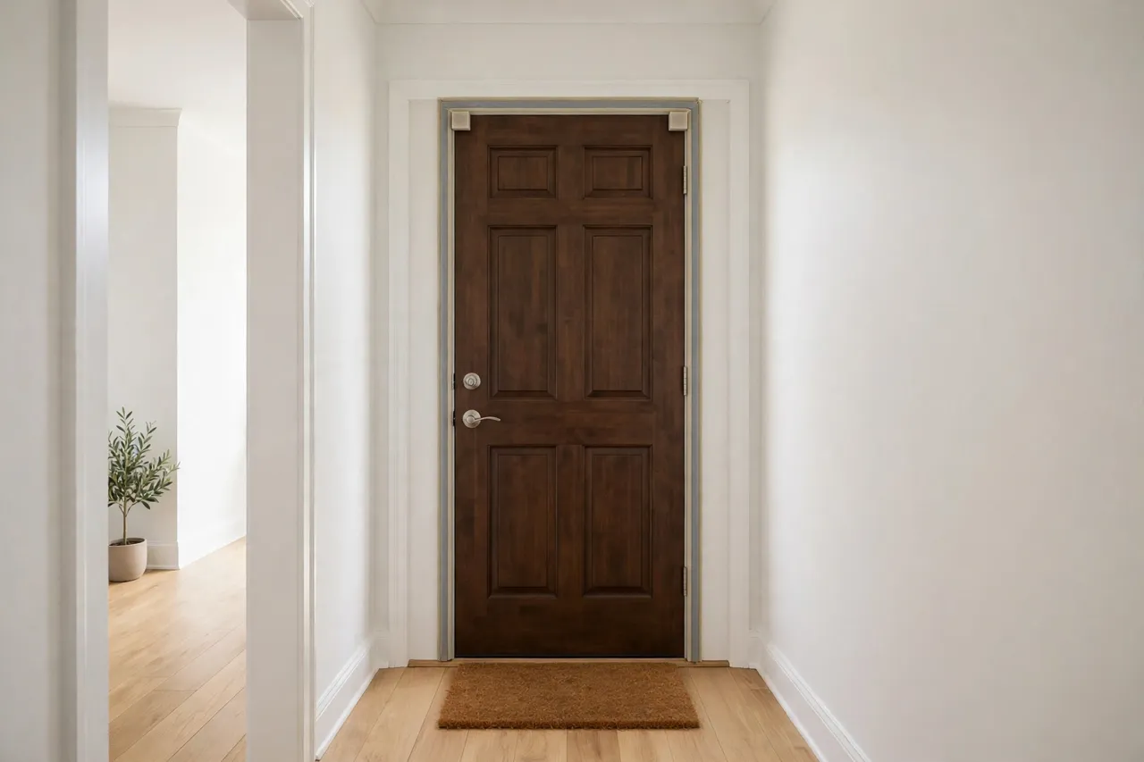 A finished exterior door viewed from inside a bright hallway