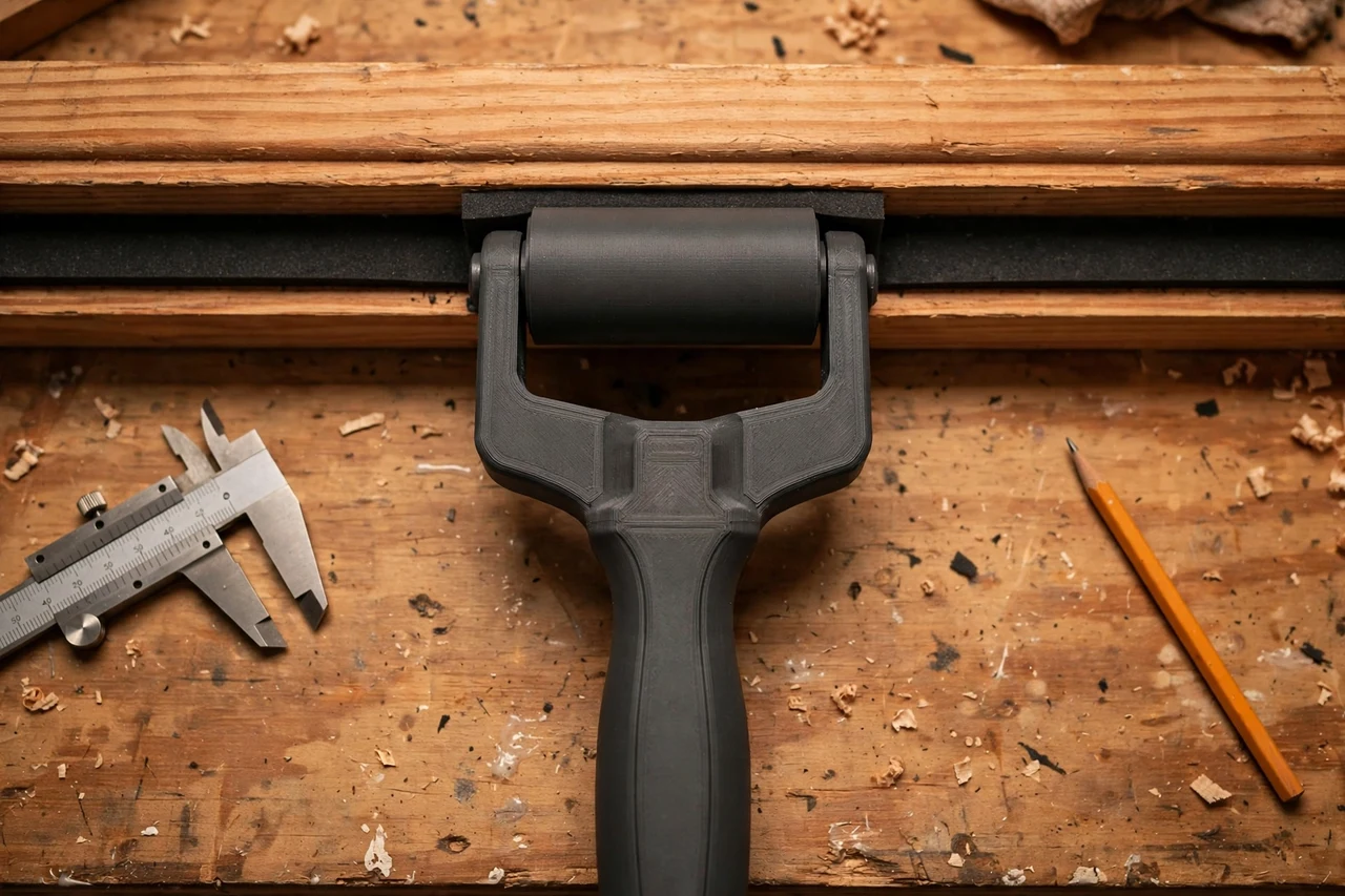 Close-up top-down view of a matte charcoal-gray 3D printed weatherstrip press roller tool being test-fitted against foam weatherstrip along a door frame on a workbench, calipers and a pencil nearby, warm workshop lighting