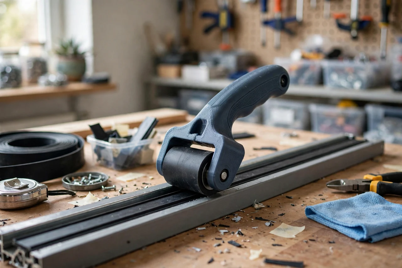 View of the finished 3D printed weatherstrip press roller tool in use on a home repair project on a workbench, tidy workshop background in soft focus, bright natural light
