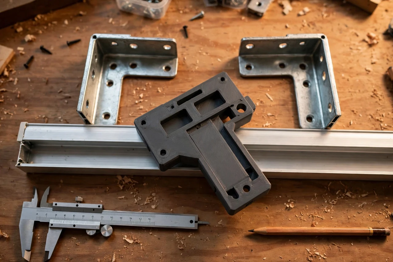 Close-up top-down view of a matte charcoal-gray 3D printed window blind bracket template being test-fitted against window blind brackets and headrails on a workbench, calipers and a pencil nearby, warm workshop lighting