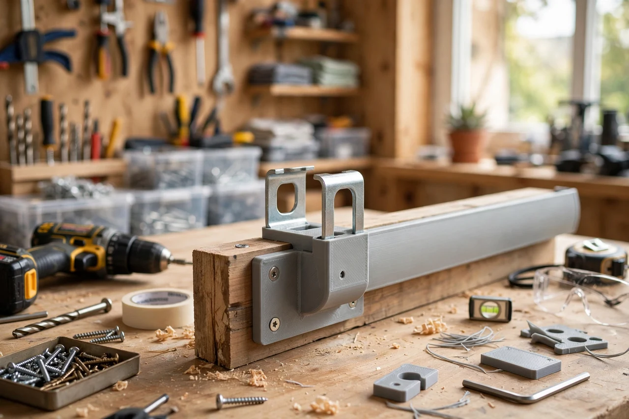 View of the finished 3D printed window blind bracket template in use on a home repair project on a workbench, tidy workshop background in soft focus, bright natural light