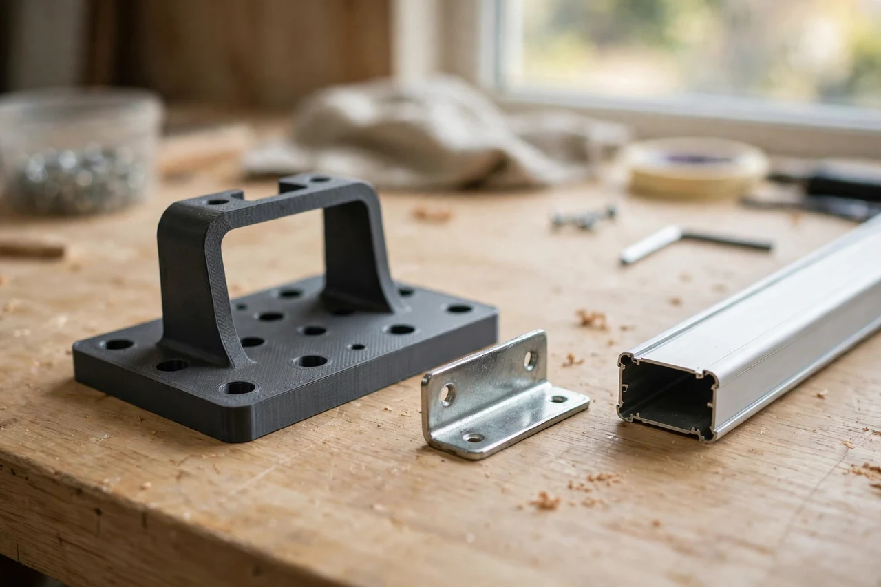 Home workshop scene on a light oak workbench, a matte charcoal-gray 3D printed window blind bracket template beside a window blind bracket and a headrail section, soft natural window light, shallow depth of field
