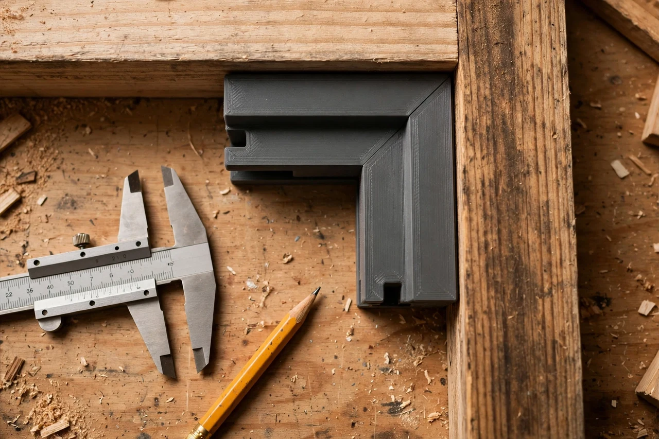 Close-up top-down view of a matte charcoal-gray 3D printed window casing reveal gauge being test-fitted against window casing boards and jamb edges on a workbench, calipers and a pencil nearby, warm workshop lighting