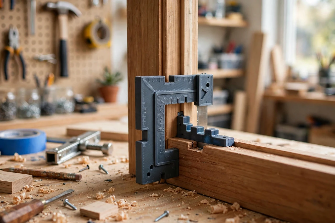 View of the finished 3D printed window casing reveal gauge in use on a home repair project on a workbench, tidy workshop background in soft focus, bright natural light