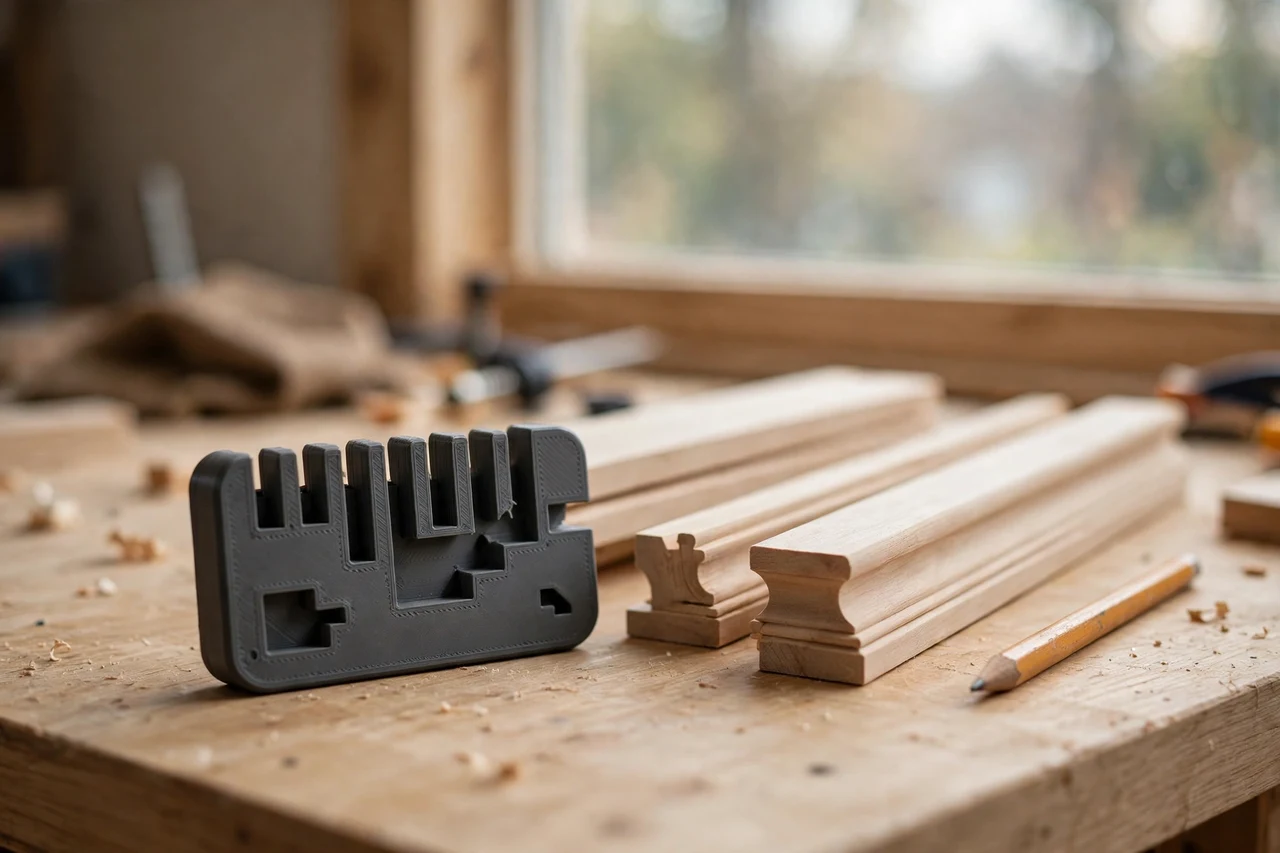 Home workshop scene on a light oak workbench, a matte charcoal-gray 3D printed window casing reveal gauge beside window casing boards and a pencil, soft natural window light, shallow depth of field