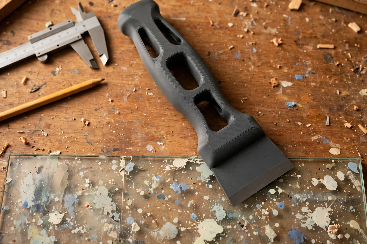 Close-up top-down view of a matte charcoal-gray 3D printed window glass scraper handle being test-fitted against a window pane marked with old paint specks on a workbench, calipers and a pencil nearby, warm workshop lighting