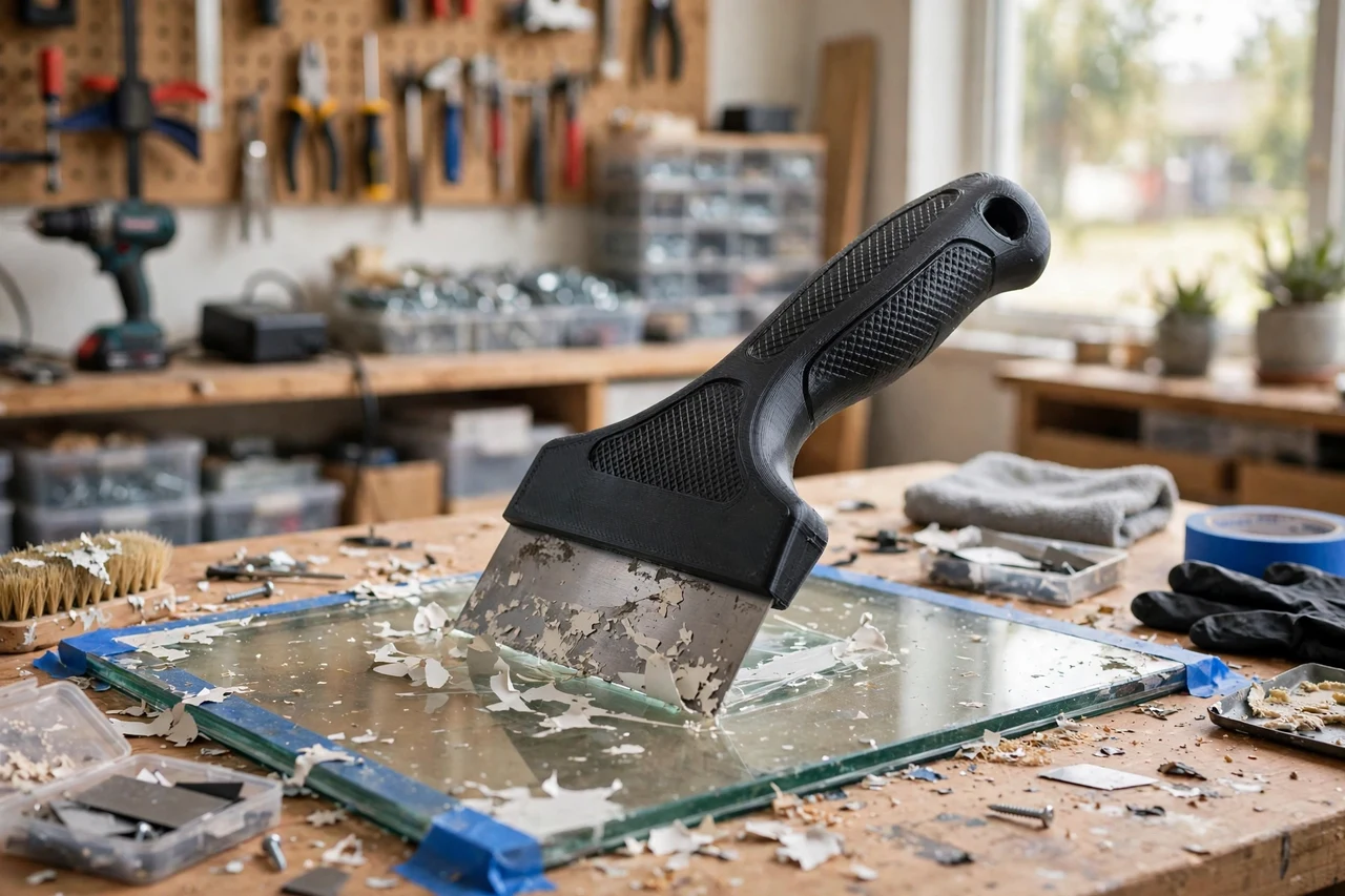 View of the finished 3D printed window glass scraper handle in use on a home repair project on a workbench, tidy workshop background in soft focus, bright natural light