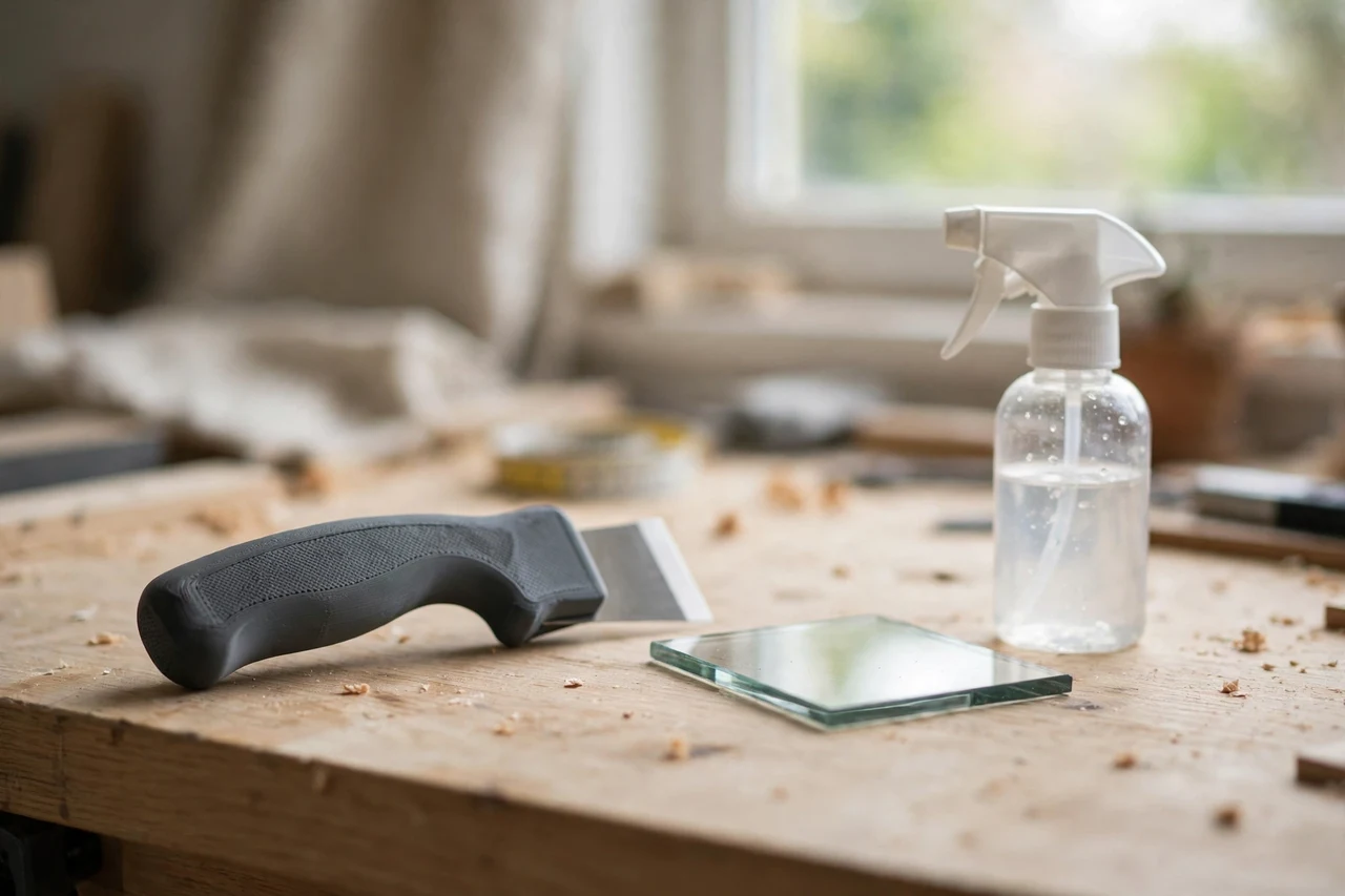 Home workshop scene on a light oak workbench, a matte charcoal-gray 3D printed window glass scraper handle beside a window pane sample and a spray bottle, soft natural window light, shallow depth of field