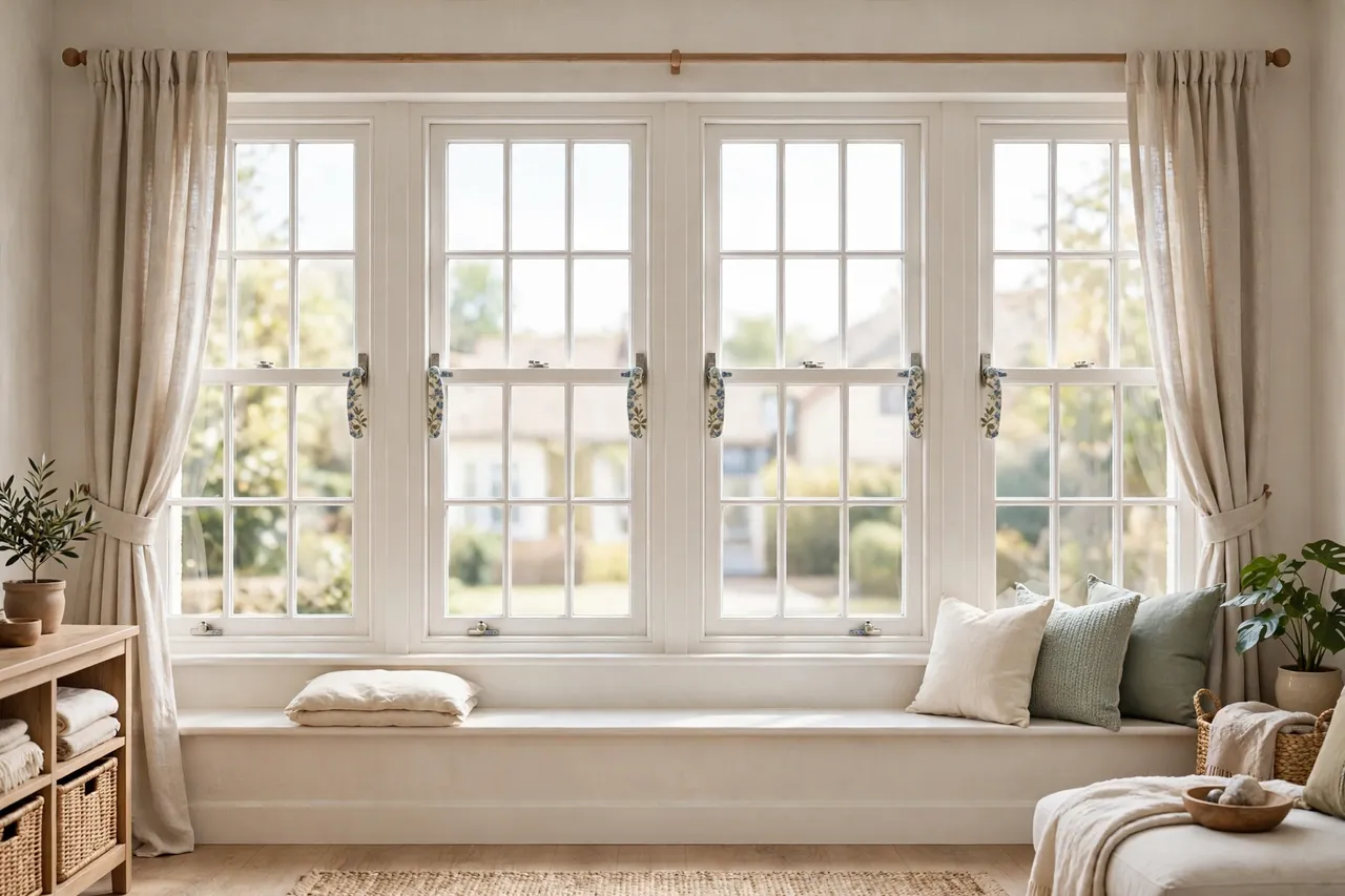 A finished row of windows in a tidy living room with matching printed latch handles fitted to each sash