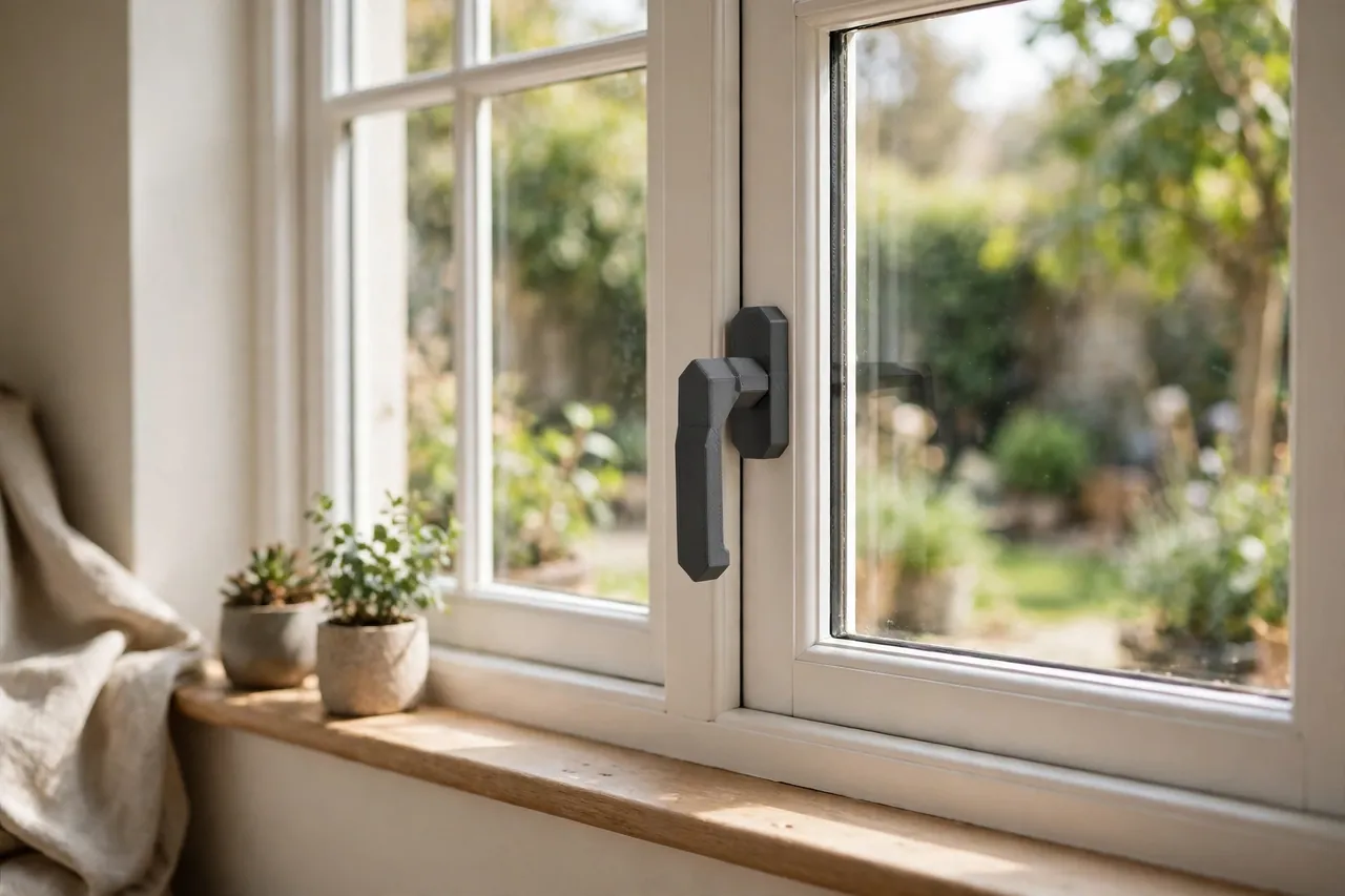 A bright home interior scene with a matte charcoal-gray 3D printed window latch handle fitted to a white framed casement window