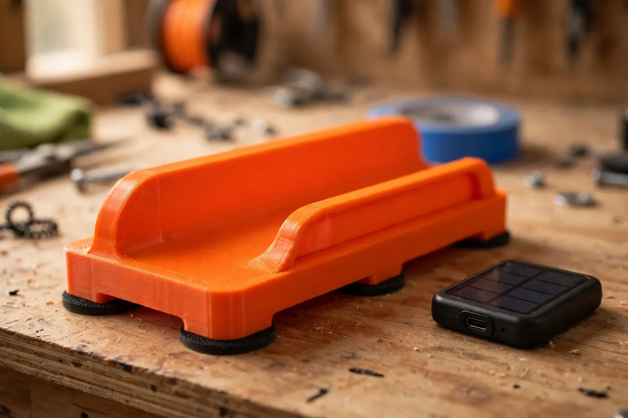 Close-up of a bright-orange 3D printed window ledge mount on a workbench showing the shallow cradle