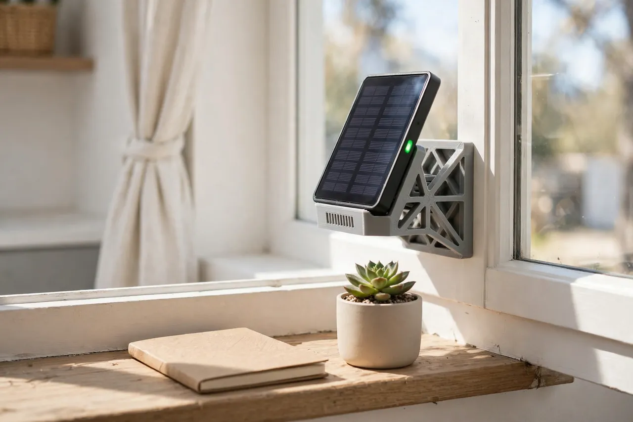 A finished sunny windowsill with the solar charger perched in its printed mount charging in full window light