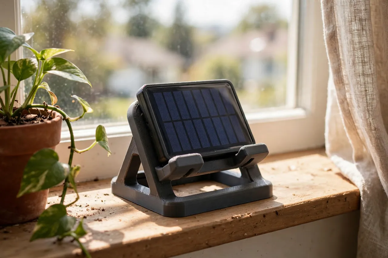 A bright window scene with a small sealed solar charger resting in a matte charcoal-gray 3D printed window ledge mount on an inside windowsill