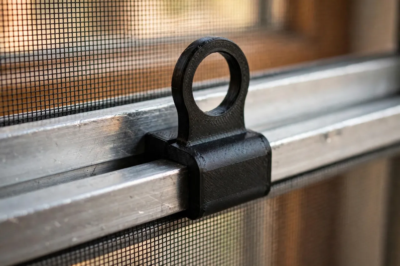 Close-up view of a 3D printed window screen pull tab in matte black plastic clipped over the bottom rail of an aluminum screen frame, a finger-sized