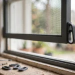 A bright home interior scene at a window, a matte charcoal-gray 3D printed pull tab fitted to the edge of a window screen frame