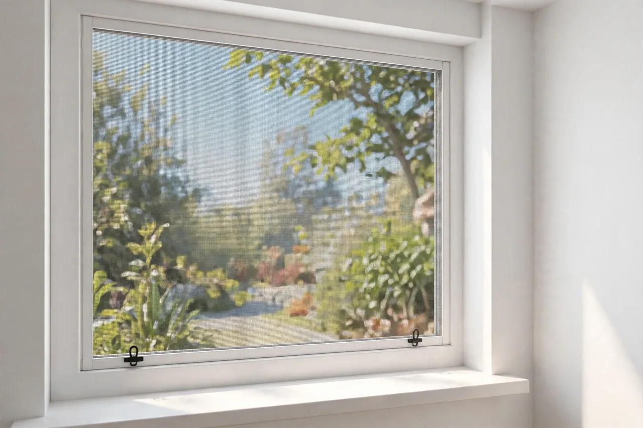 A finished window with a screen fitted neatly in its track, new pull tabs visible at the bottom corners