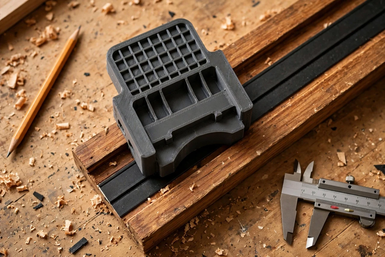 Close-up top-down view of a matte charcoal-gray 3D printed window weatherstrip presser being test-fitted against window weatherstrip and a sash frame on a workbench, calipers and a pencil nearby, warm workshop lighting