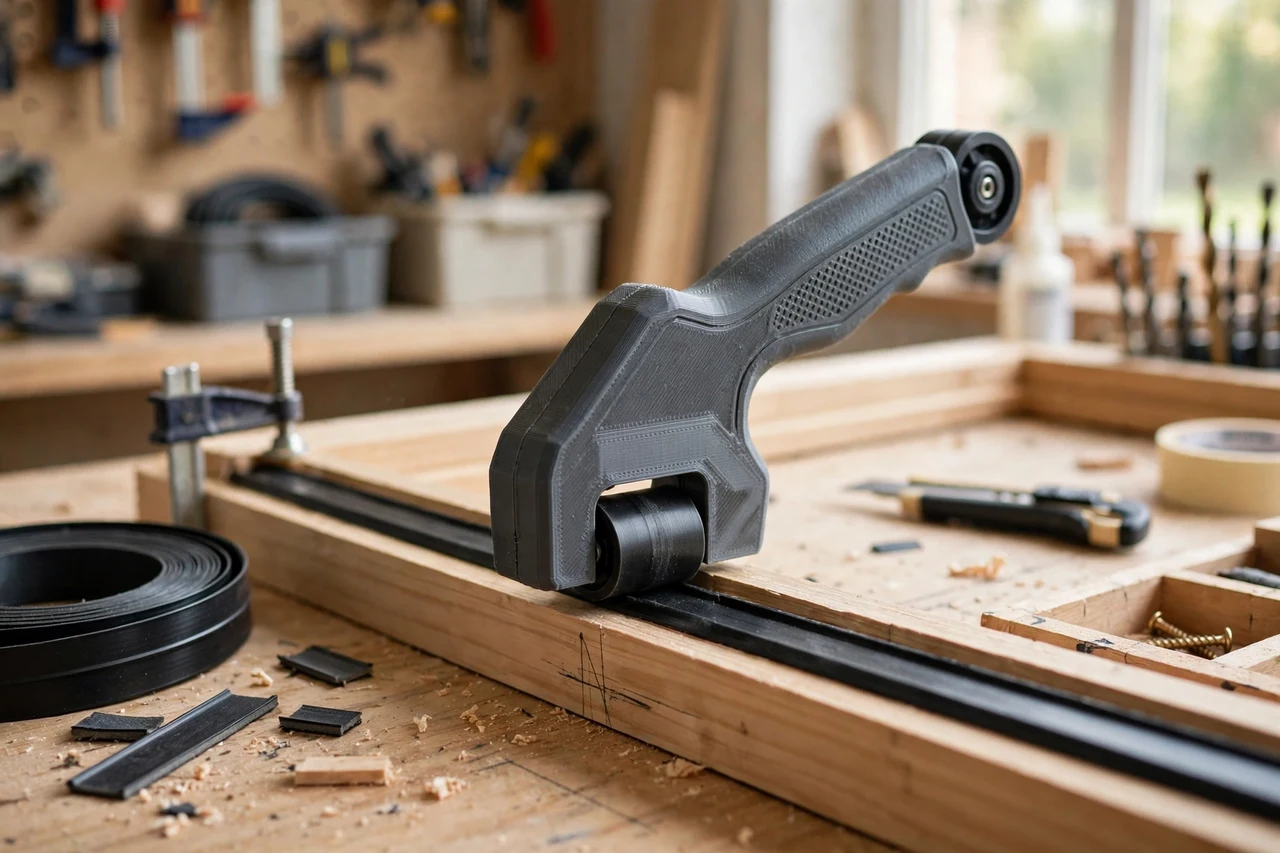 View of the finished 3D printed window weatherstrip presser in use on a home improvement project on a workbench, tidy workshop background in soft focus, bright natural light