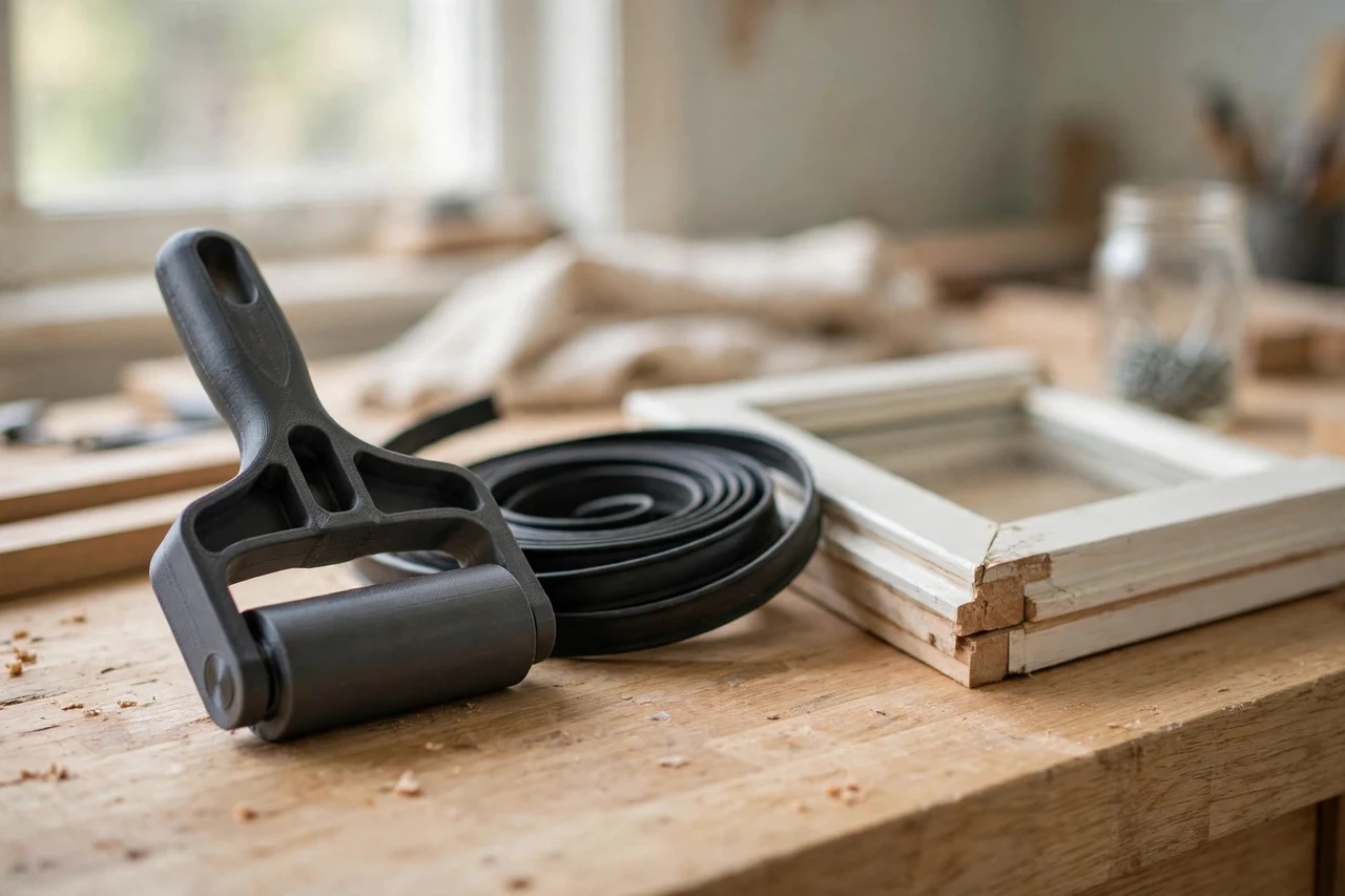 Home workshop scene on a light oak workbench, a matte charcoal-gray 3D printed window weatherstrip presser beside weatherstrip and a window sash, soft natural window light, shallow depth of field