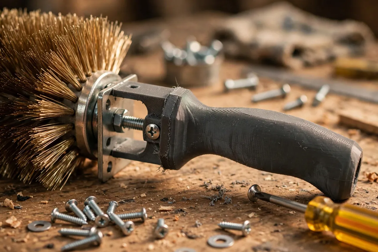 Close-up of a 3D printed wire brush handle being bolted onto a wire brush head on a workbench, screws and a screwdriver nearby, warm workshop lighting