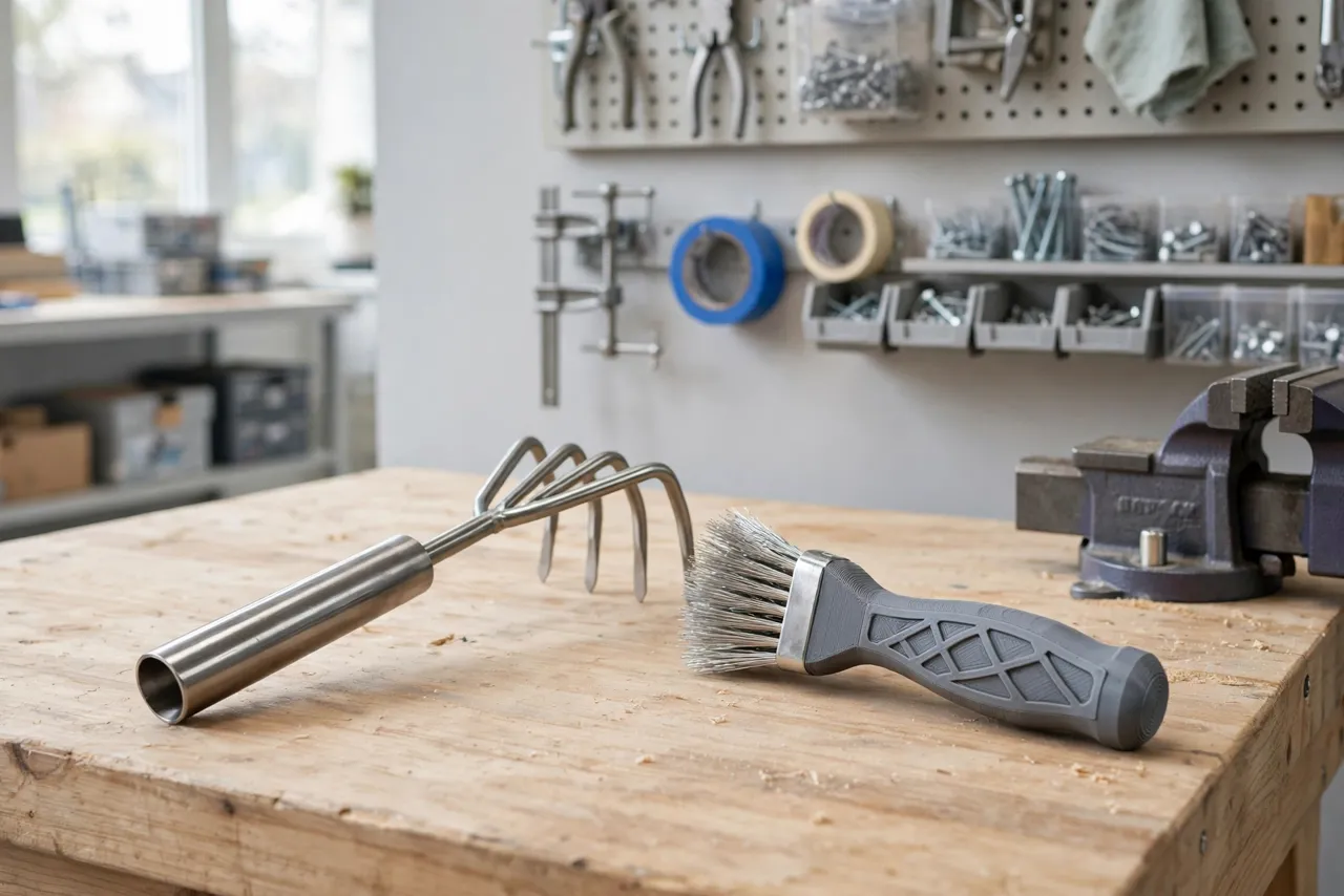 A cleaned metal garden tool resting on a bench beside the wire brush with its new printed handle, bright clean workshop interior