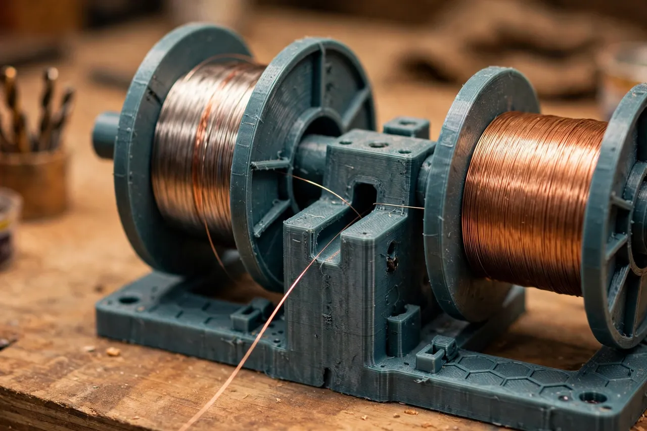 Close-up view of a 3D printed wire spool holder with a spool of thin wire feeding through a guide slot on a workbench