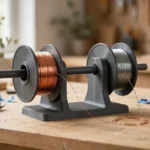 A bright home workshop scene on a light oak workbench