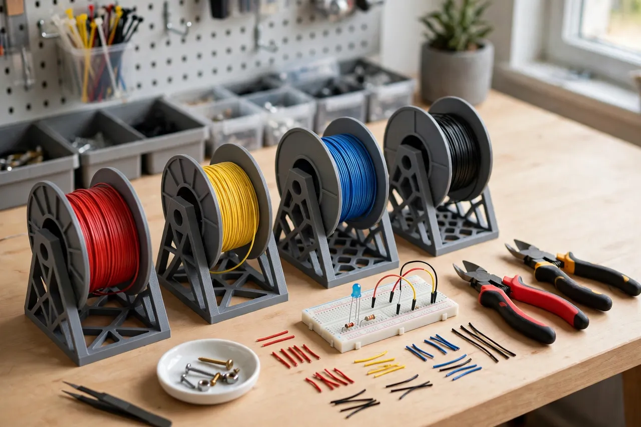 A tidy workbench with several 3D printed wire spool holders holding spools of different gauges